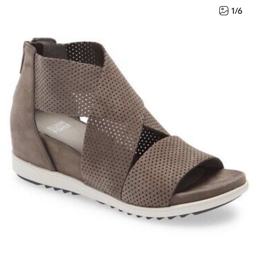 Eileen Fisher Gray Suede Perforated Wedge Sandals Criss Cross Back Zipper Sz 7.5